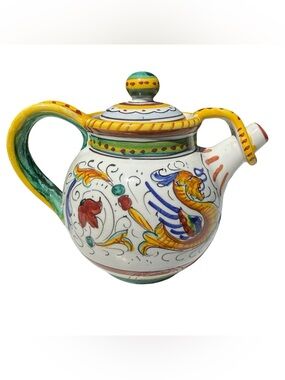 Vintage Deruta Italy Hand Painted Ceramic Teapot Raffaellesco Majolica Pottery